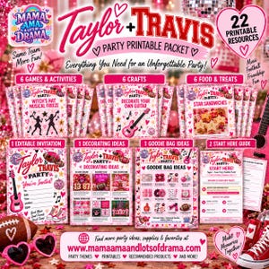 May include: A Taylor and Travis party printable packet featuring 22 resources including games, crafts, food, invitations, and decorating ideas. The pink and red themed collection displays guitars, footballs, hearts, and stars with text.