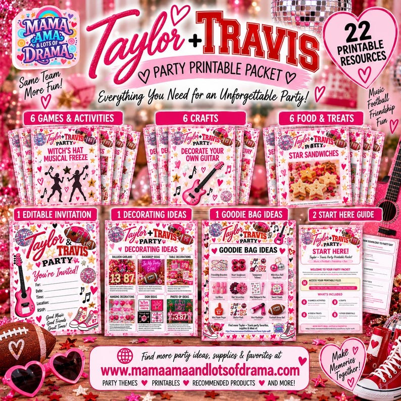 May include: A Taylor and Travis party printable packet featuring 22 resources including games, crafts, food, invitations, and decorating ideas. The pink and red themed collection displays guitars, footballs, hearts, and stars with text.