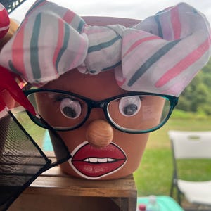 May include: A terracotta plant pot decorated with a face, wearing glasses, googly eyes, and a bow. The face has a wooden nose and painted red lips. The bow is striped with pink, green, and grey.