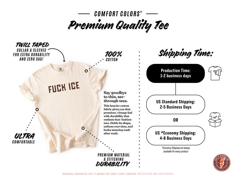 May include: Cream-colored Comfort Colors t-shirt with the phrase "FUCK ICE" in dark brown block letters. The shirt is made of 100% cotton and features twill-taped collar and sleeves for extra durability.
