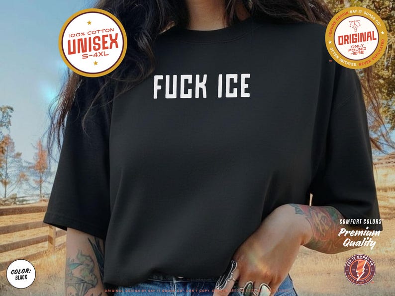 Anti-ICE protest shirt that says “FUCK ICE” in bold white text on a vintage Pepper color t-shirt. Graphic is clean and strong with all-caps block letters centered on chest. Designed for protests and progressive voices. Available in unisex sizing S–4XL. Soft ring-spun cotton, fast shipping, and machine washable.