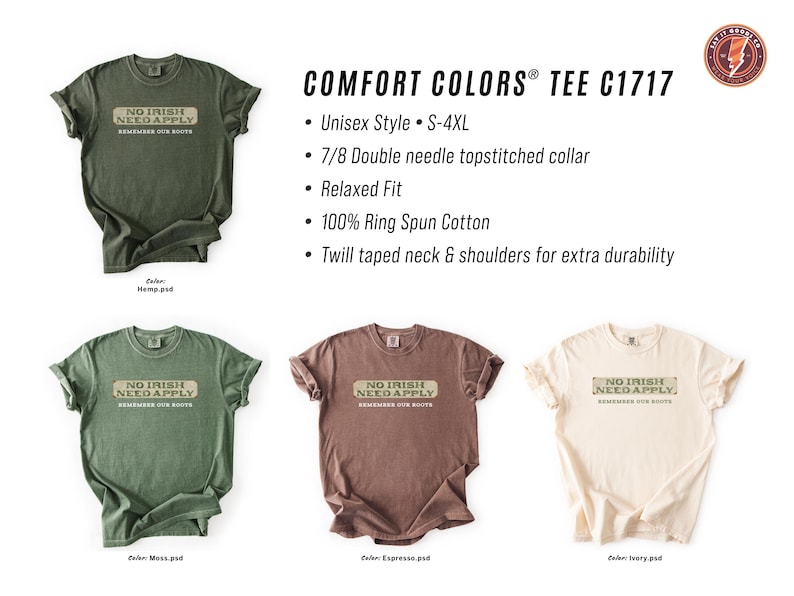 Graphic tee featuring the phrase “No Irish Need Apply” with “Remember Our Roots” printed beneath in bold white lettering. A vintage, historical design on a Comfort Colors® cotton shirt, perfect for Irish Americans, history buffs, educators, and those honoring immigrant heritage. Ideal for St. Patrick’s Day, cultural pride, or anti-discrimination messaging. Available in unisex sizing.