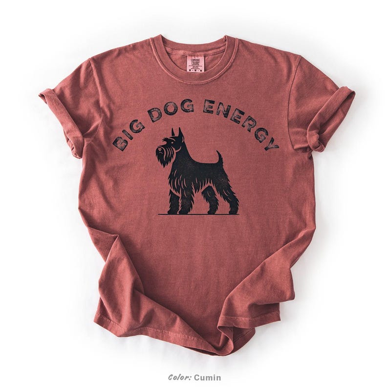 Big Dog Energy Comfort Colors® Shirt featuring a vintage-style schnauzer silhouette with bold, distressed typography. Available in multiple colors, this funny schnauzer t-shirt is perfect for dog lovers, schnauzer owners, and small dogs with big attitudes.