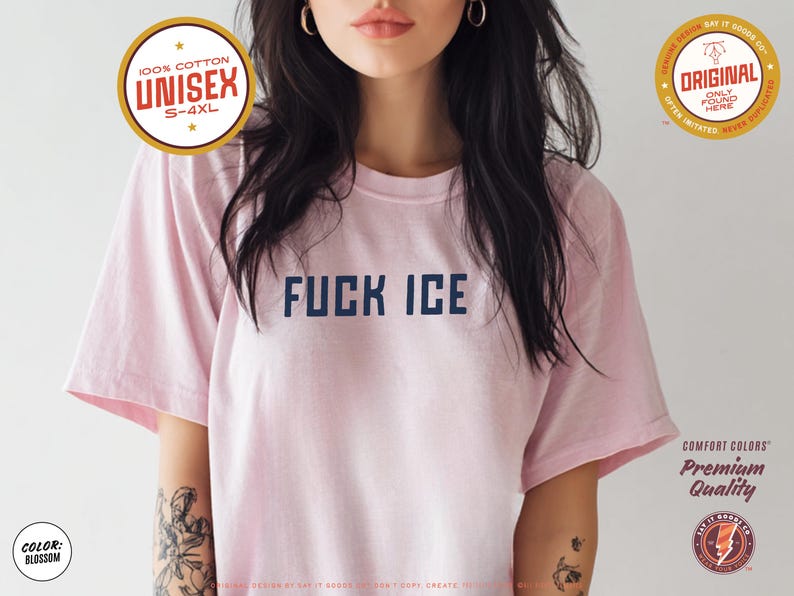 Anti-ICE protest shirt that says “FUCK ICE” in bold white text on a vintage Pepper color t-shirt. Graphic is clean and strong with all-caps block letters centered on chest. Designed for protests and progressive voices. Available in unisex sizing S–4XL. Soft ring-spun cotton, fast shipping, and machine washable.