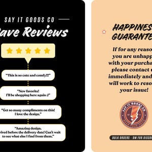 Puede incluir: Una imagen en blanco y negro con una calificaci&oacute;n de cinco estrellas y rese&ntilde;as de clientes para una tienda llamada "Say It Goods Co.". Las rese&ntilde;as son positivas e incluyen frases como "tan lindo y c&oacute;modo", "nuevo favorito" y "dise&ntilde;o incre&iacute;ble". La imagen tambi&eacute;n incluye una garant&iacute;a de satisfacci&oacute;n y un logotipo para la tienda.