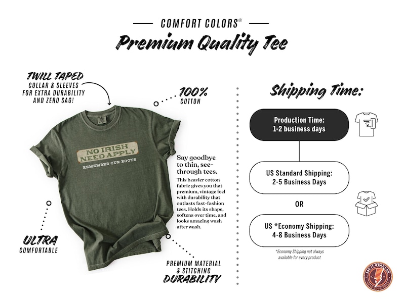 May include: A green t-shirt with the text "No Irish Need Apply" and the words "Remember Our Roots" printed on it. The shirt is made of 100% cotton and has a twill taped collar and sleeves for extra durability. The shirt is ultra comfortable and has a premium material and stitching for durability.