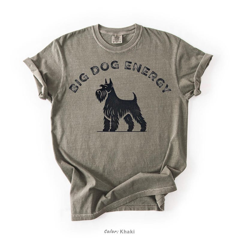 Big Dog Energy Comfort Colors® Shirt featuring a vintage-style schnauzer silhouette with bold, distressed typography. Available in multiple colors, this funny schnauzer t-shirt is perfect for dog lovers, schnauzer owners, and small dogs with big attitudes.