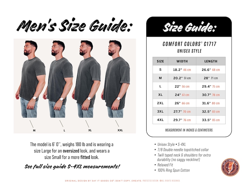 Puede incluir: Tabla de tallas para camisetas unisex en tallas S-4XL. La tabla muestra las medidas de ancho y largo en pulgadas y cent&iacute;metros. La tabla tambi&eacute;n incluye detalles sobre las caracter&iacute;sticas de la camiseta, como la tela y las costuras.