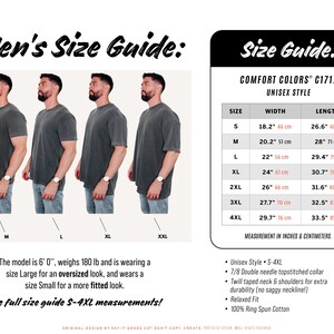 May include: Size chart for unisex t-shirts in sizes S-4XL. The chart shows width and length measurements in inches and centimeters. The chart also includes details about the t-shirt's features, such as the type of fabric and stitching.