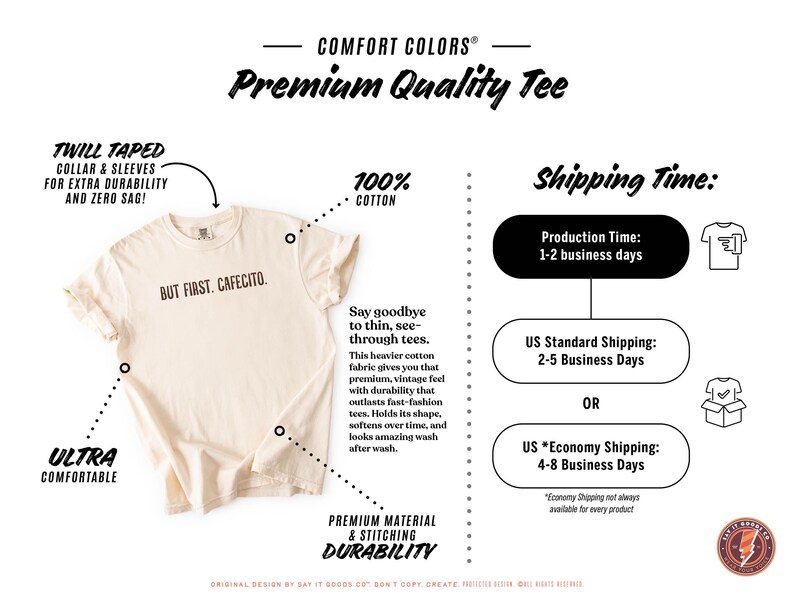 K&ouml;nnte beinhalten: Cremefarbenes Comfort Colors T-Shirt mit dem Schriftzug "BUT FIRST. CAFECITO." in Braun. Hergestellt aus 100% Baumwolle, mit Twillband am Kragen und an den &Auml;rmeln. Das T-Shirt ist ultra bequem und strapazierf&auml;hig.
