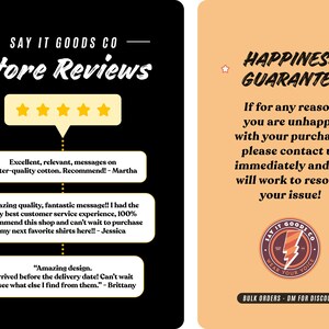 May include: A black and tan graphic with the text "SAY IT GOODS CO Store Reviews" and customer testimonials. The right side features a peach-colored graphic with the text "HAPPINESS GUARANTEE".