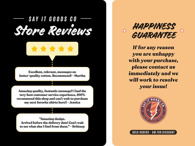 May include: A black and tan graphic with the text "SAY IT GOODS CO Store Reviews" and customer testimonials. The right side features a peach-colored graphic with the text "HAPPINESS GUARANTEE".