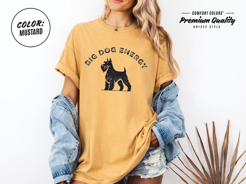 Big Dog Energy Comfort Colors® Shirt featuring a vintage-style schnauzer silhouette with bold, distressed typography. Available in multiple colors, this funny schnauzer t-shirt is perfect for dog lovers, schnauzer owners, and small dogs with big attitudes.