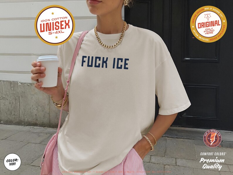 Anti-ICE protest shirt that says “FUCK ICE” in bold white text on a vintage Pepper color t-shirt. Graphic is clean and strong with all-caps block letters centered on chest. Designed for protests and progressive voices. Available in unisex sizing S–4XL. Soft ring-spun cotton, fast shipping, and machine washable.