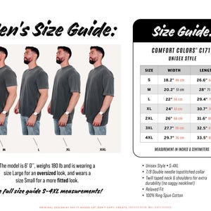May include: Size guide graphic for Comfort Colors C1717 unisex style t-shirts. Includes measurements in inches and centimeters. The model is 6'0" and 180 lbs. The text reads "Men's Size Guide" and "See full size guide S-4XL measurements!"
