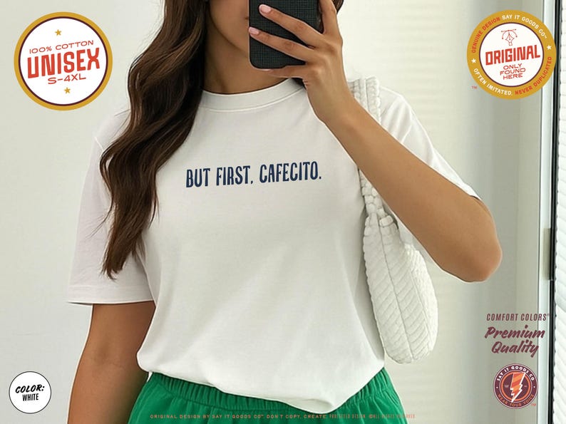 Minimalist “But First. Cafecito.” graphic tee in espresso brown featuring cream typography. Latina coffee lover shirt celebrating Hispanic culture and morning cafecito ritual. Modern unisex coffee shirt perfect for espresso lovers, brunch outfits, and gift ideas for moms, sisters, and café fans.