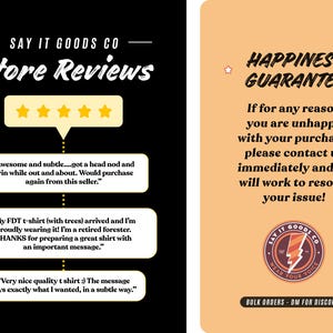 May include: Image featuring customer reviews and a happiness guarantee from Say It Goods Co. The left side displays positive feedback with five-star ratings. The right side highlights a satisfaction guarantee and contact information.