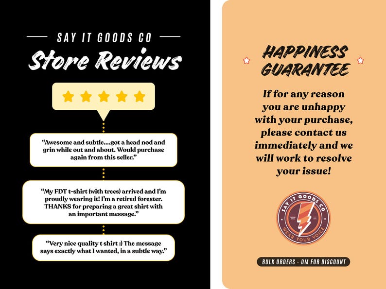 May include: Image featuring customer reviews and a happiness guarantee from Say It Goods Co. The left side displays positive feedback with five-star ratings. The right side highlights a satisfaction guarantee and contact information.