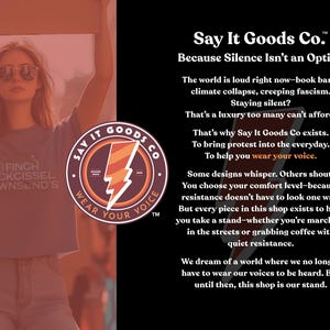 May include: A person wearing sunglasses and a blue t-shirt with the text "FINCH DICKCISSEL TOWNSEND'S". The image also features the "Say It Goods Co." logo with the words "Wear Your Voice". The background is blurred.