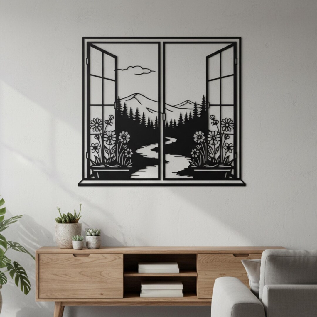 View of Metal Window View Wall Art, Mountain Forest Landscape, Nature Wall ...