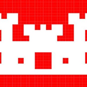 May include: A white pixelated castle silhouette against a red background.