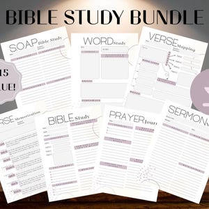 May include: A collection of printable Bible study pages with headings like "SOAP Bible Study," "Word Study," and "Verse Mapping." The pages are white with lavender accents and text, and the words "Bible Study Bundle" are at the top.