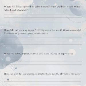 May include: A light blue and white weekly reflection journal page with the title "Weekly Reflection (10-15 minutes)". The journal includes prompts for self-reflection, such as "Where did I notice growth or calm in myself or my child this week?"