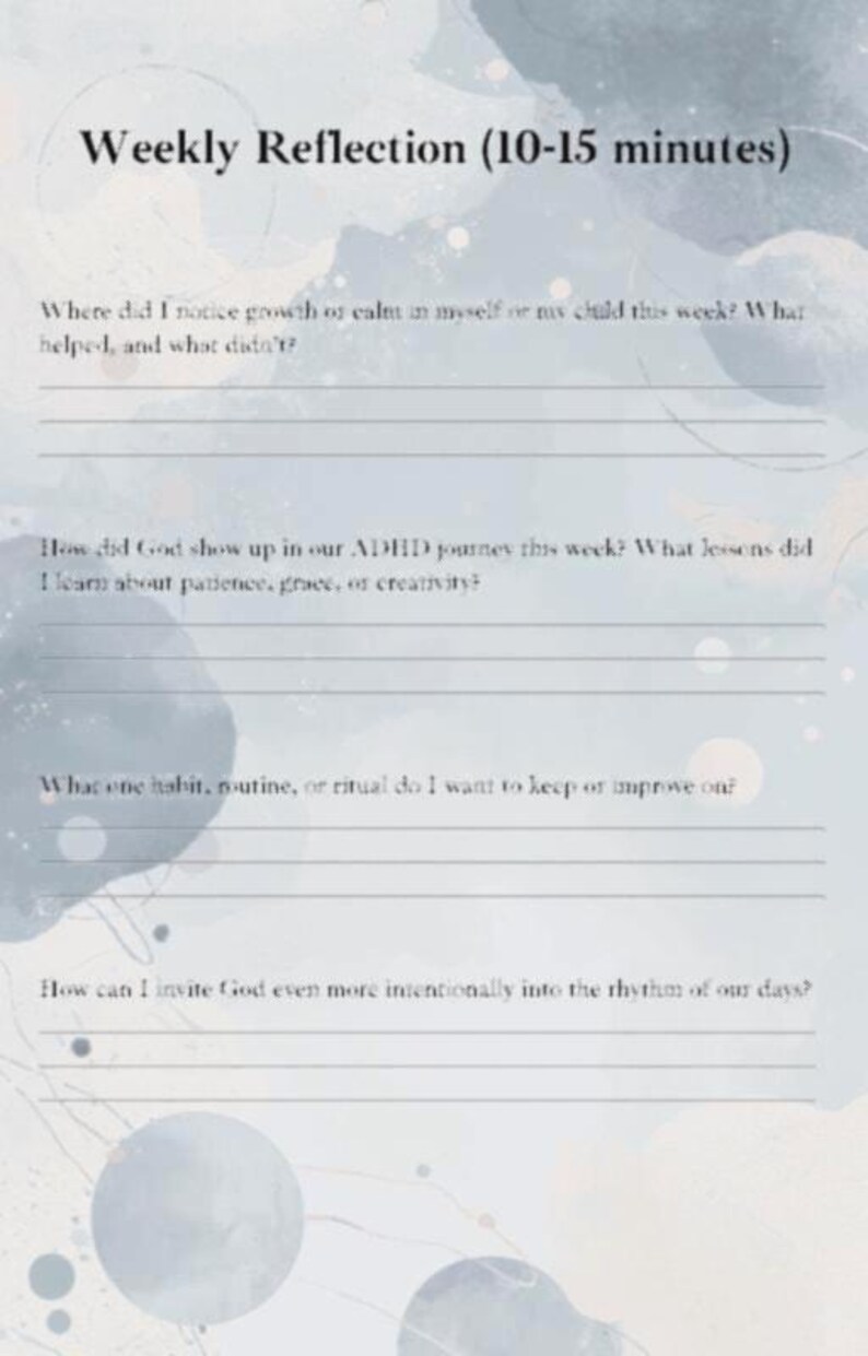 May include: A light blue and white weekly reflection journal page with the title "Weekly Reflection (10-15 minutes)". The journal includes prompts for self-reflection, such as "Where did I notice growth or calm in myself or my child this week?"
