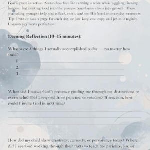 May include: A journal page with the title "Journaling & Reflection Section." It includes prompts for evening reflection, such as listing accomplishments and reflecting on God's presence. The page has a watercolor design with soft blue and gray tones.