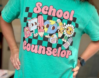 Cute School Counselor Shirt - Comfort Colors 1717 Tee with Retro Classroom Supplies, Back to School Mental Health Gift, SEL Graphic Tee