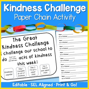 Kindness Paper Chain Activity | Editable Classroom SEL Bulletin Board | Kindness Challenge & School Counseling Printable