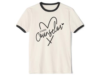School Counselor Ringer T-Shirt - Unisex Retro Cotton Tee with Heart Script Design, Casual Counselor Outfit for Work or Back to School