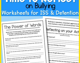 Bullying Reflection Worksheets | ISS, Detention and SEL Behavior Intervention Packet | Middle & High School Restorative Printable