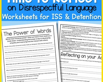 Student Behavior Reflection Worksheets | Inappropriate and Disrespectful Language | ISS, Detention & School Counseling Restorative Resource