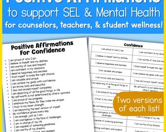 Positive Affirmations for Kids and Teens | Printable SEL, Counseling & Mental Health Lists | Calm Corner, Self-Esteem and Anxiety Support