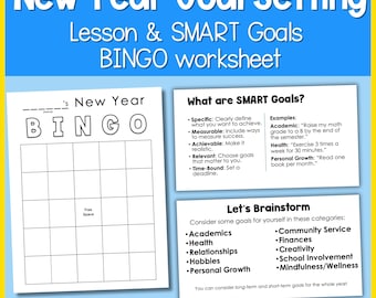 Lección de establecimiento de metas de Año Nuevo y hoja de trabajo de bingo Objetivos SMART PowerPoint Actividad SEL para estudiantes de secundaria y preparatoria
