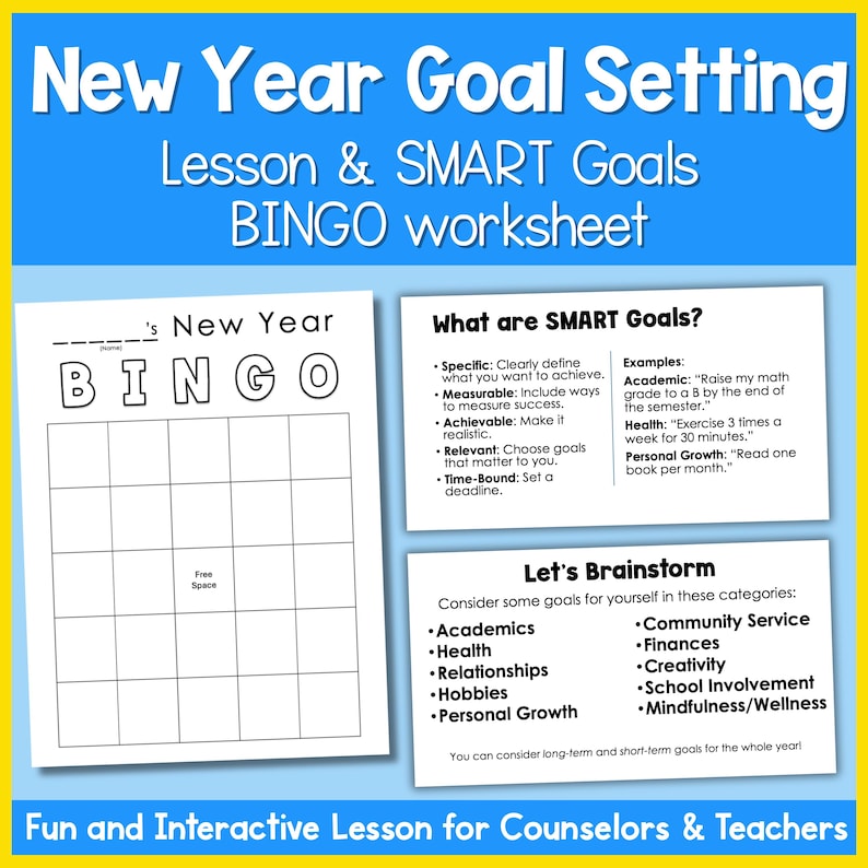 New Year Goal Setting Lesson and Bingo Worksheet SMART Goals Powerpoint ...