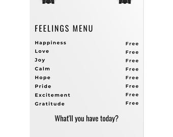 Feelings Menu Poster- Minimalist Mental Health Wall Art, Positive Affirmation Print, Self-Care Decor for Office, Classroom, or Therapy Space