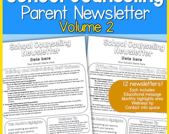 School Counseling Parent Newsletters | Editable Monthly Newsletter Templates for Counselors | 12 Months of Parent Communication- Volume 2