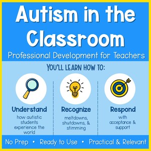May include: A blue educational graphic titled Autism in the Classroom: Professional Development for Teachers. It lists learning objectives: Understand how autistic students experience the world, Recognize meltdowns, shutdowns, & stimming, and Respond with acceptance & support. Icons include a magnifying glass, lightbulb, and target.