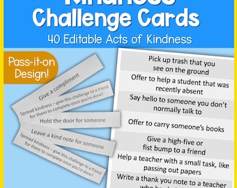 Tarjetas de desafío de bondad / 40 fichas editables para compartir actos de bondad para niños, aulas, educación en casa y grupos