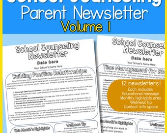 School Counseling Parent Newsletters | Editable Monthly Newsletter Templates for Counselors | 12 Months of Parent Communication- Volume 1