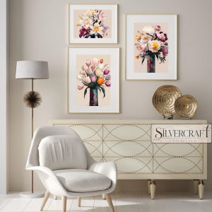 Juego de arte de pared con jarrón floral Vol. 1 - Elegantes imprimibles de flores vintage (3 carteles) | Arte botánico digital para el hogar, la pared de la galería y para regalar