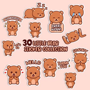 30 Cute Little Bear Stickers Collection Png Pdf Svg| Kawaii Bear Digital Stickers| Adorable Bear Sticker Set Png| Cute Bear Expressions