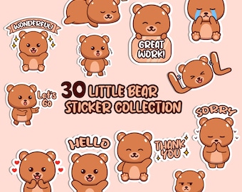 30 Cute Little Bear Stickers Collection Png Pdf Svg| Kawaii Bear Digital Stickers| Adorable Bear Sticker Set Png| Cute Bear Expressions