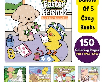 5 Cozy Coloring Books| Cozy Friends Coloring Books| Easter Coloring Book| Mothers Day Coloring Book| Coloring Book Pdf Bundle| Cute Books