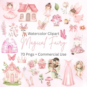70 akvarell älvor png clipart-paket | Söt rosa älva clipart kommersiellt bruk | Födelsedag clipart-paket png | Rosa babyshower-paket png