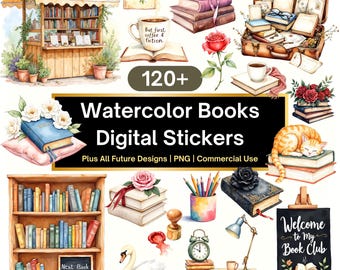 120+ Watercolor Pre Cropped Book Stickers| Book Stickers Bundle| Digital Planner Stickers Png| Watercolor Books Clipart + All Future Designs
