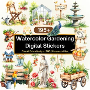 Más de 195 pegatinas digitales de jardinería precortadas/pegatinas digitales de jardinería en acuarela/paquete de imágenes prediseñadas de jardinería en acuarela + todos los diseños futuros