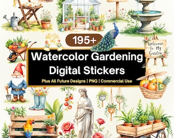 195+ Precropped Gardening Digital Stickers| Watercolor Gardening Digital Stickers| Watercolor Gardening Clipart Bundle + All Future Designs